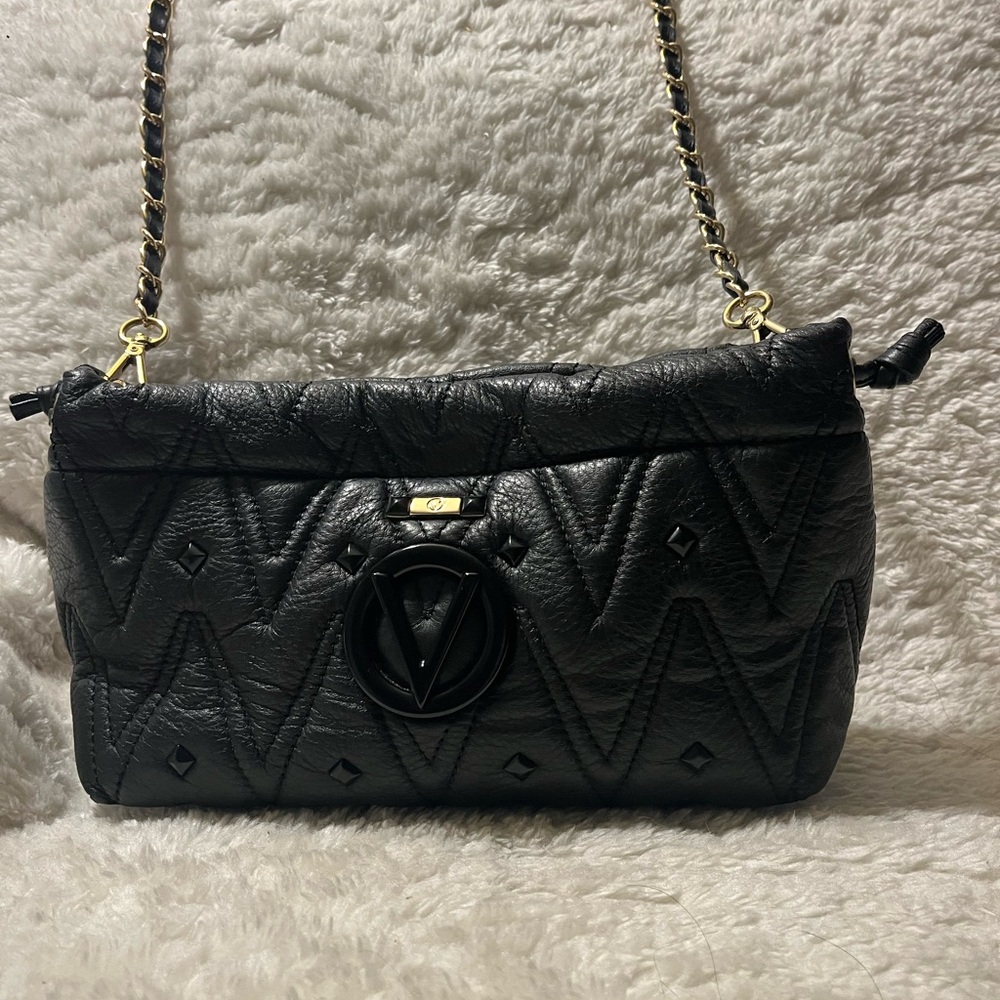 Mario Valentino Black Quilted Shoulder Bag with Gold Chain